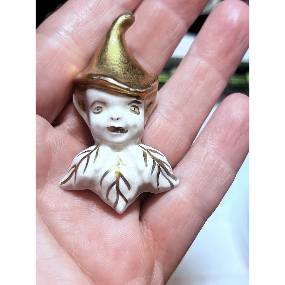 Holland Mold Gold Pixie Elf Figural Brooch Vintage Pin Ceramic Signed